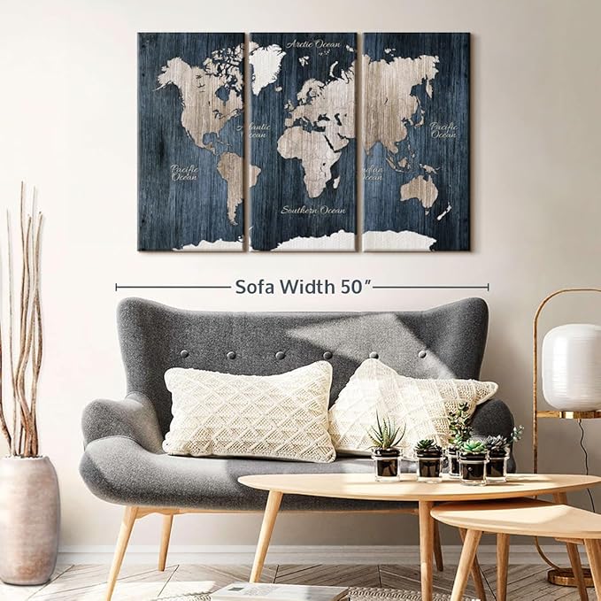 ElephantStock Aged Blue World Map I Canvas - 3 Panel Wall Decor - World Map Digital Art - Blue Wall Art - 45" X 28"