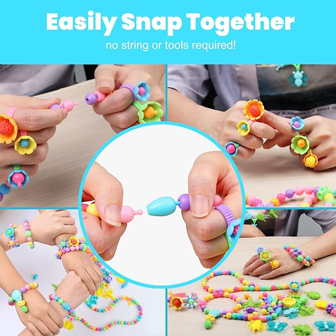 Snap Pop Beads Jewelry Kit for Girls – 350PCS Insect DIY Bracelet Making Toy with Butterfly, Ladybug, Dragonfly – No Mess Craft Birthday Gift Age 4–8 – Crafts Kits with Storage Box