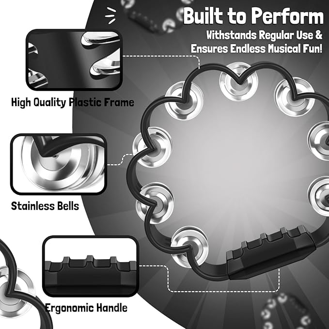 Flexzion Flower Tambourine - 8 Inch Handheld Percussion Instrument w/Metal Jingles & Ergonomic Grip - Small Tambourines for Adults, Kids, Church, Parties, & Musical Events (Black)