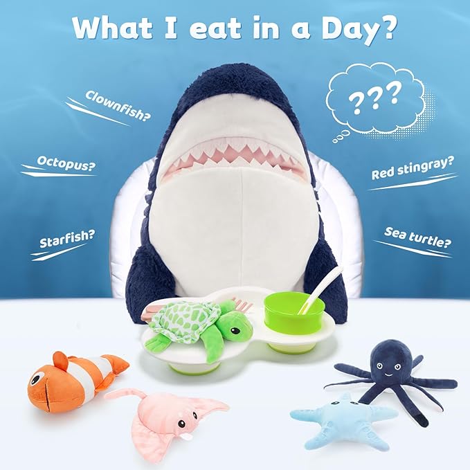 MaoGoLan Soft Shark Stuffed Animals in Bulk Plush Shark Toys with 5 Sea Animals Inside - Octopus Turtle Clown Fish Starfish Stingray, Kids Party Favors Valentine's Day Christmas