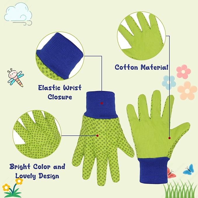 HANDLANDY 4 Pairs Kids Gardening Gloves, Girls Boys Children Garden Work Play Gloves (Green Dot, Small)