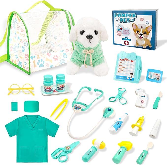 Doctor Kit for Kids, Pretend Play Doctor Play Toys for Toddlers 3-5 with Plush Dog, Stethoscope, Carring Bag, Veterinarian Pet Care Role Play Vet Set Birthday Gift for Girls Boys Aged 3 4 5 6 7 Years