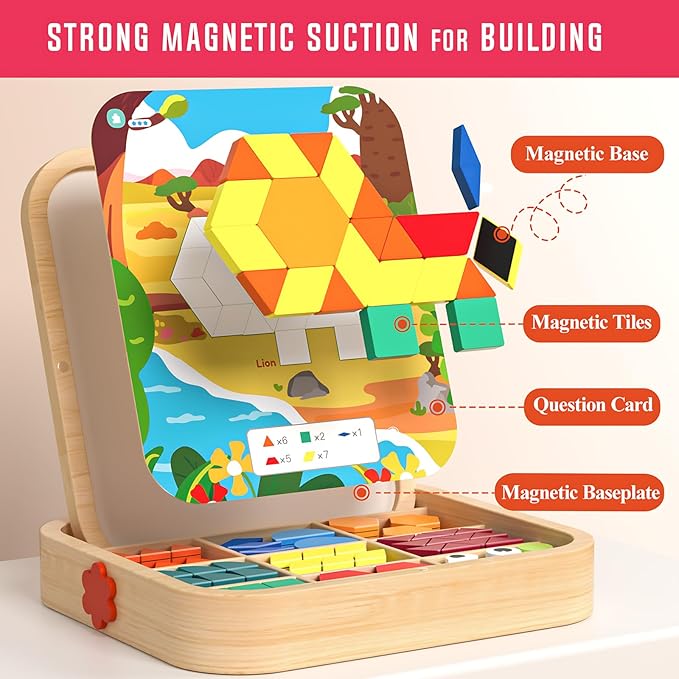 288 PCS Wooden Magnetic Pattern Blocks Set – Montessori Tangram Puzzle with Pattern Cards & Storage Bag | Preschool Montessori Brain Teaser, STEM Gift for 3-8 Years Old Toddler Kids