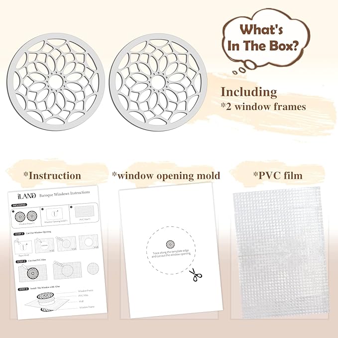 iLAND 1/12 Scale Accessories of Dollhouse Windows, Wooden DIY Dollhouse Building Supplies, Complete Miniature Windows Kit w/Wooden Frame & Grid Pattern PVC Film