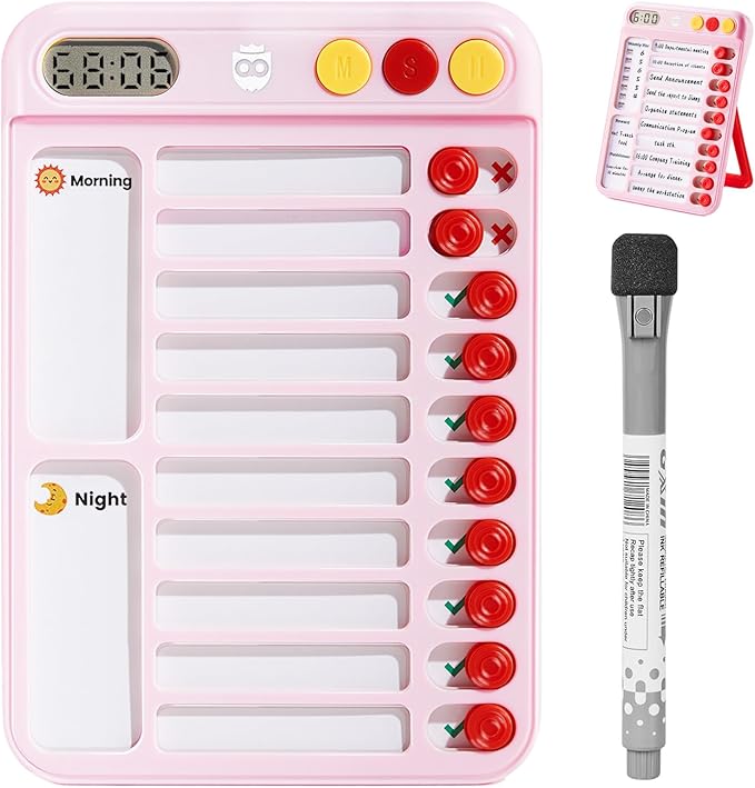 Magnetic Chore Chart for Kids with Time Timer, 99-Min Countdown/Up Visual Timer, Dry-Erase Reward Chart with Sliders, to Do List & Routine Checklist, Visual Schedule Board for ADHD & Autism (Pink)