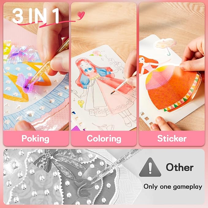 MIROLA KIDS 3 in 1 Poke Craft Kits for Girls, Princess Dress Art Crafts for Kids Ages 4-8, DIY Activity with Watercolor Painting, Stickers, Poking Gifts for 4 5 6 7 8+ Year Old Girls