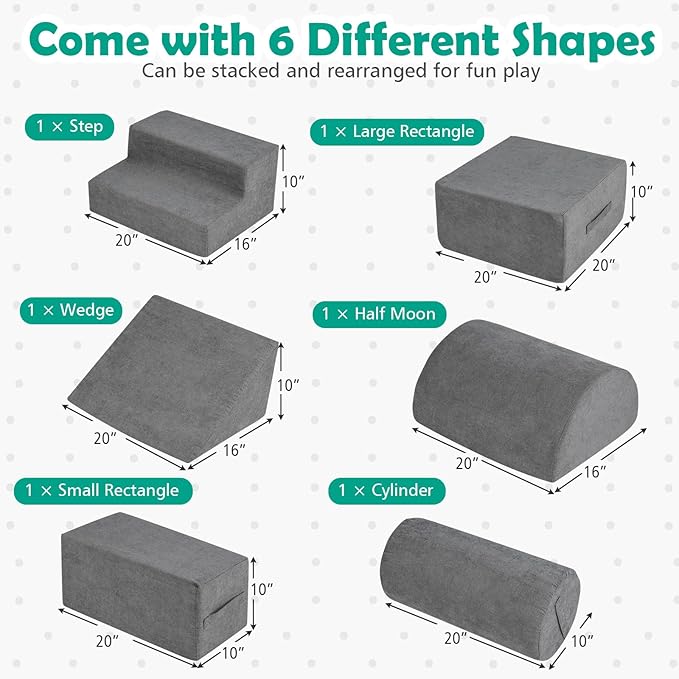 Costzon Toddler Climbing Toys Indoor, 6 Pieces Foam Climbing Blocks for Baby Inside with Skin-Friendly Chenille Fabric, 30D High-Density Foam & Carrying Handles, Soft Play Climbing for Toddlers (Gray)