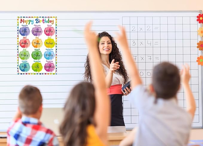 FLYAB Happy Birthday Chart for Classroom - Watercolor Celebration Poster for Kids Back To School Bulletin Board Decorations Teacher Supplies