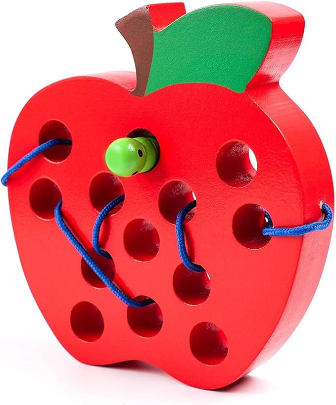 JCREN Wooden Lacing Apple Threading Toys Wood Lace Block Puzzle Shape Travel Game Toys Early Learning Fine Motor Skills Educational Gift for 3 4 5 Years Old Toddlers Baby Kids Boys