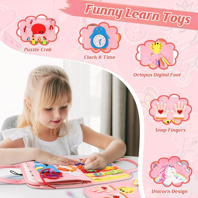 Montessori Busy Board & Busy Book for Toddler – Educational Toys for 3 Year Old Girls, Sensory Activity Board, Fine Motor Skills Learning Gift