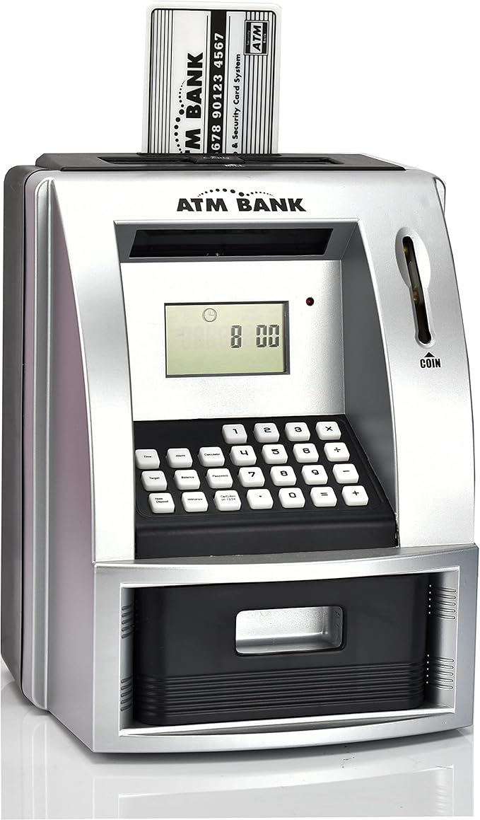 ATM Piggy Bank for Kids, Electronic Money Bank with Coin Counter, Goal Tracker, Password & Card, Auto Bill Intake with Voice Prompts – Compact Savings Gift for Boys & Girls Ages 6–12 (Black)