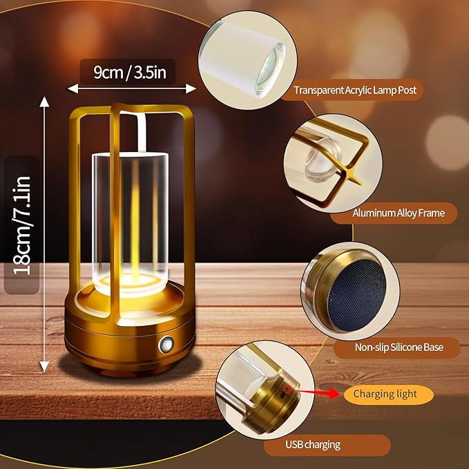 Outdoor Table Lamp, 4000mAh Rechargeable Battery Operated lamp, 3 Color Stepless Dimmable Cordless Table Lamp for Patio, Camping, Coffee Table, Crystal Lantern lamp for Indoor/Outdoor (Gold)
