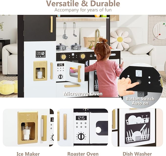 Kinder King Wooden Kids Play Kitchen, Toy Kitchen Playset for Toddler, Play Kitchen Set w/Blackboard, Transparent Coloring Board, Pretend Dishwasher, Oven, Ice Maker, Gift for Boys Girls Age 3+, Black