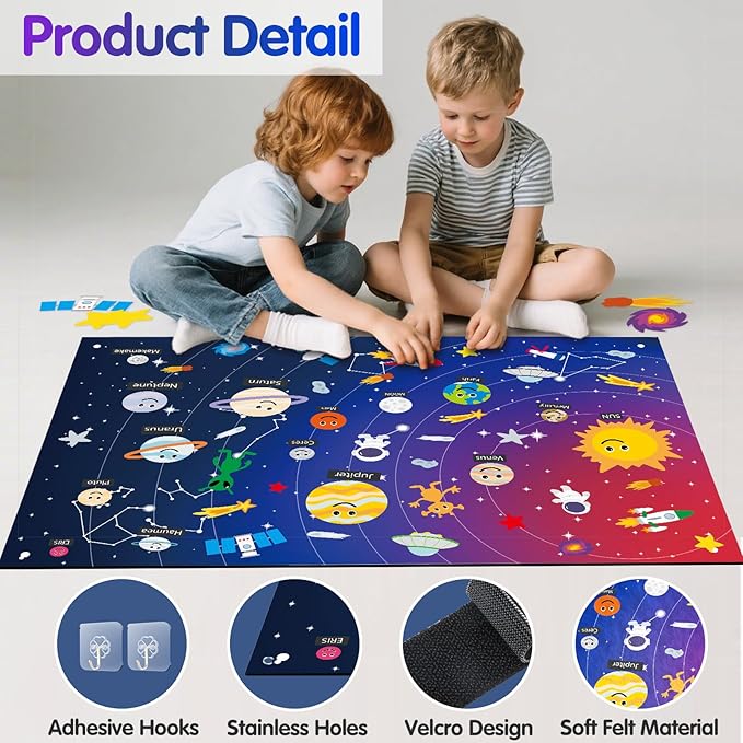Solar System for Kids | Felt Wall Activities for Children | Montessori Space Planet Toys Game for Kids 3 4 5 6 7 8 40"x30" Felt Mat with 59 Figures Boy Girls Birthday Christmas Educational Gifts