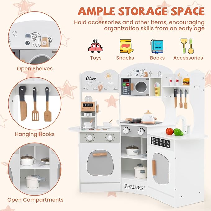 HONEY JOY Corner Play Kitchen, Toddler Wooden Toy Kitchen Set w/Lights, Coffee Maker, Microwave, Sink, Faucet, Little Chef Pretend Play Kids Kitchen Playset for Boys Girls (White)