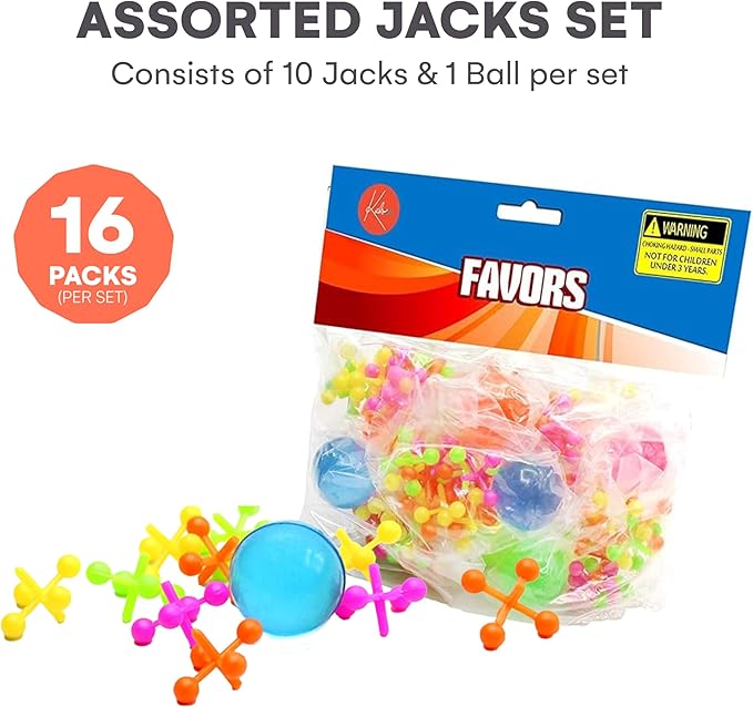 Kicko Plastic Jacks Set Jacks Game - Assorted Neon Colors - Pack of 16-10 Jacks and 1 Ball Per Pack, Jacks and Balls are 1 Inch, Classic Game Set - for Kids, Party Favors, Fun, Toy,