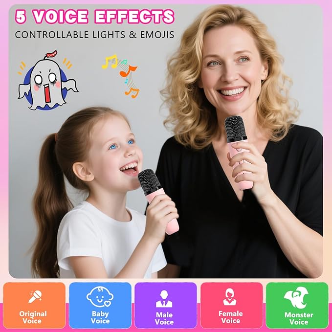 Mgaolo Upgraded Mini Karaoke Machine Toy for Kids, Portable Bluetooth Speaker with 2 Wireless Mics, Emoji & Colorful LED Lights, Home Travel & Party Play Gifts for Boys Girls (Pink)