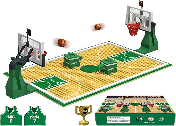 Building Blocks - Basketball Court Baseplates and Sets of 2 Basketball Hoop Basketball Goal Building Bricks for Basketball Game - Compatible with Major Brands (Basketball Playset/Green)
