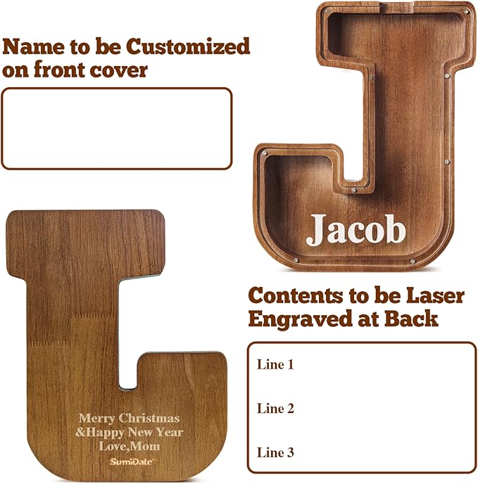 Customized Name Large Wooden Piggy Bank for Kids Boys Girls Alphabets Letter A-Z Coins Bills Money Change Bank Box Initial on Clear Cover (Laser Engraved) (Alphabet-J, Personalized-12)
