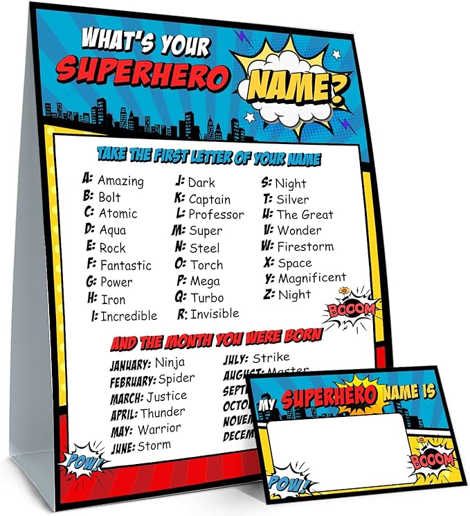What is Your Superhero Name Game, Game Sign and 30 Cards, Superhero Birthday Party Sign for Boys, Holiday Activity, Kids Superhero Activity Cards, Superhero Activity Decoration Supplies