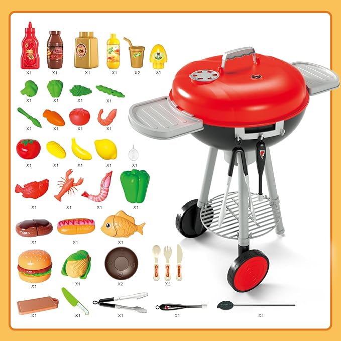 79PCS BBQ Grill Set for Kids - Kitchen Playset With Realistic Spray, Light & Sound - Interactive Toddler Toy for Boys Girls - Christmas Birthday Gift