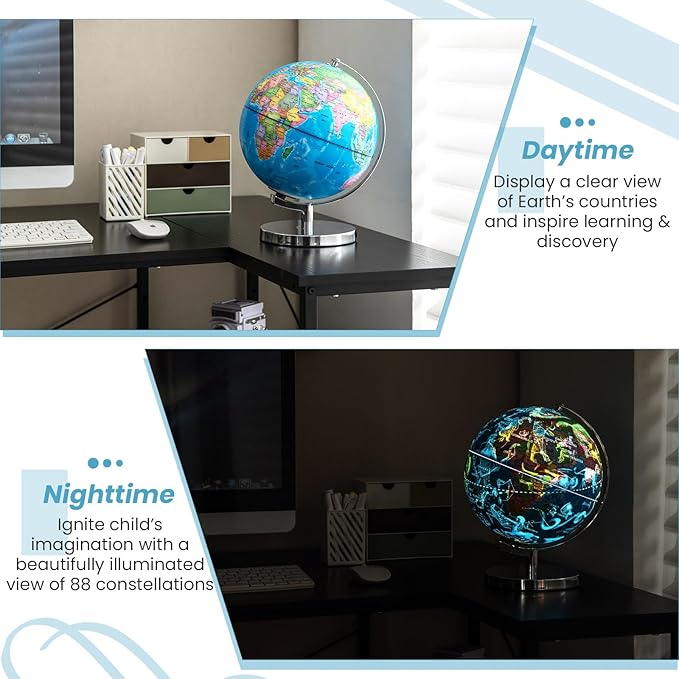 S AFSTAR Illuminated World Globe, 3-in-1 Light Up Constellation Globe with World Map, 88 Constellations & Night Light, Rotating Earth for Home Office