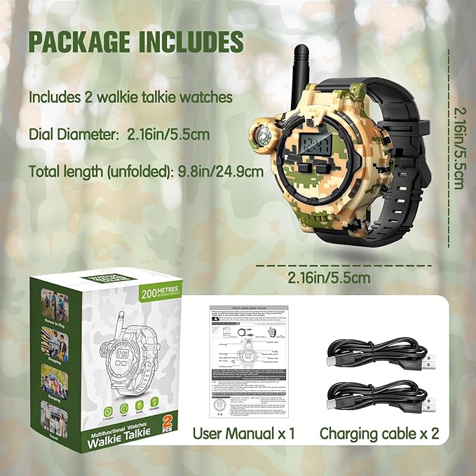 Walkie Talkies for Kids Rechargeable 2 Pack, Long Range Camo Walkie Talkie for Boys Age 8-12, Wrist Walkie Talkie Spy Watches for Kid, Kids Walkie Talkies 2 Pack for Christmas Birthday Gift