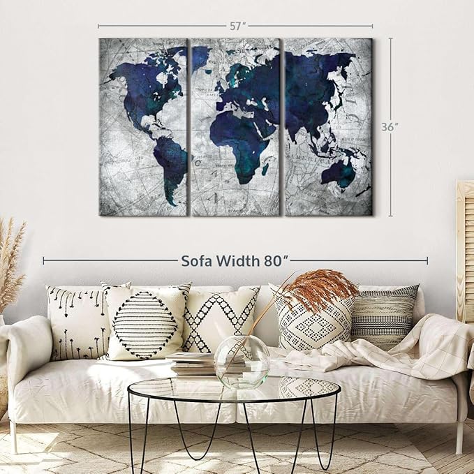 ElephantStock Deep Blue World Map Multi Piece Canvas - 3 Panel Wall Decor - Map of the World Art - Canvas for the Office and Home - 57" X 36"