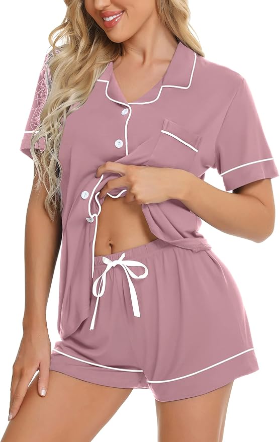 SWOMOG Womens Button Down Pajamas Set Short Sleeve Sleepwear Bride Soft Pj Lounge Sets XS-3XL