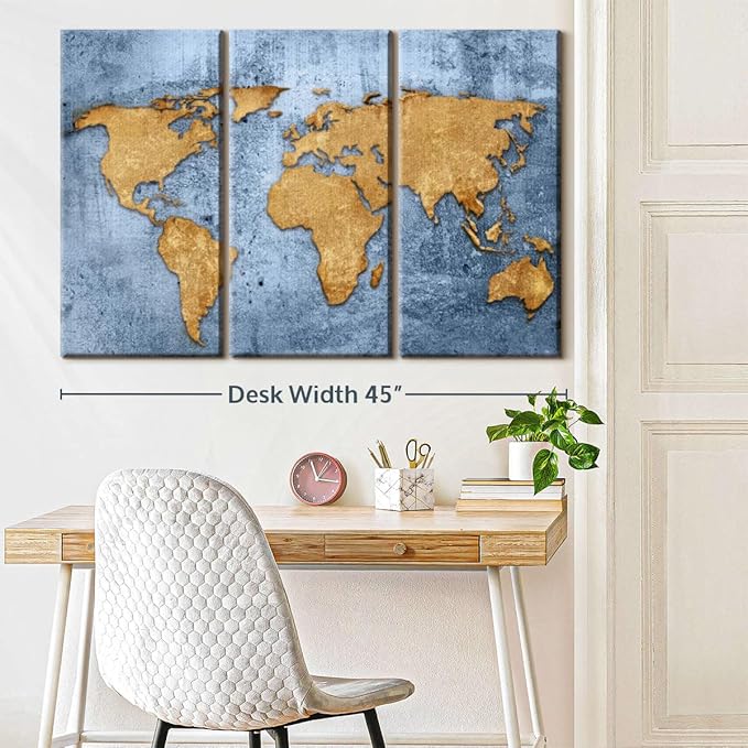 ElephantStock Azure World Map Wall Art Multi Piece Canvas - 3 Panel Wall Decor - Map of the World Art - Canvas for the Office and Home - 45" X 28"