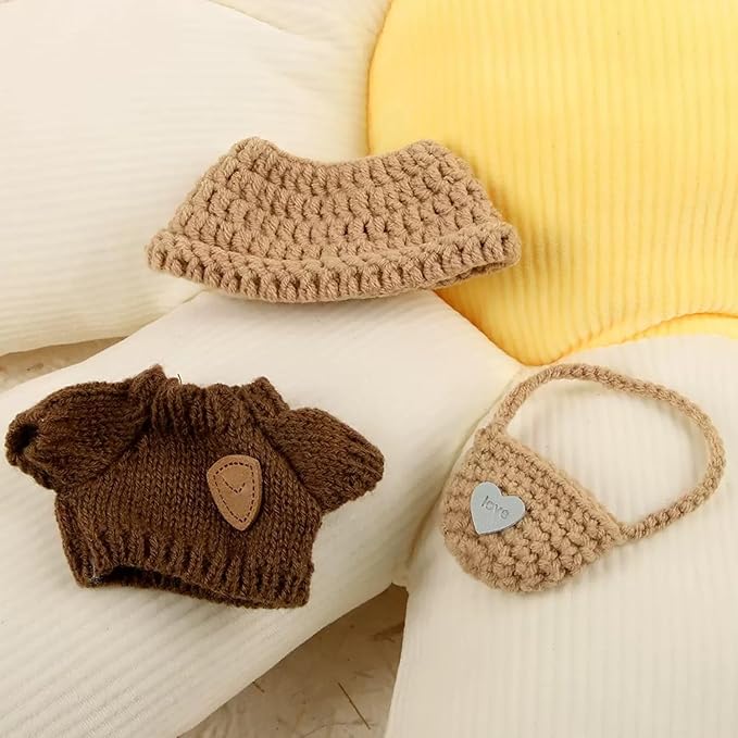 17cm Clothes Set, Outfits for Dolls Crochet 3 Piece Set Stylish Adorable Hat Clothes Backpack 17cm Doll Accessories (No Doll) (Brown)