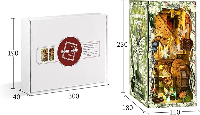Book Nook Kit - DIY Miniature Dolls House Kit with Furniture and LED Light, 3D Puzzle Wooden Art Bookends, Model Kits for for Adults and Teens (Secret Forest)