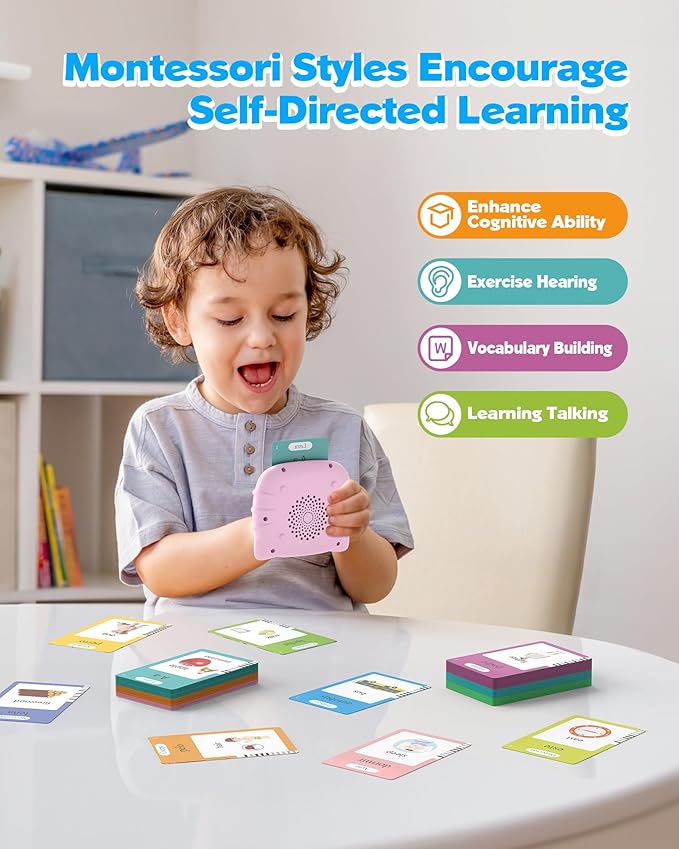 Bilingual Pink Spanish and English Talking Flash Cards, Pocket Speech Therapy Tools with 512 Words, Montessori Language Learning and Autism Aids, Children's Sensory Learning Kits, Birthday Present
