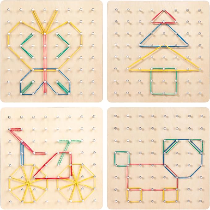 Wooden Geoboard with Rubber Bands, STEM Educational Toy for Spatial Reasoning and Fine Motor Skills Kids 3 Years+