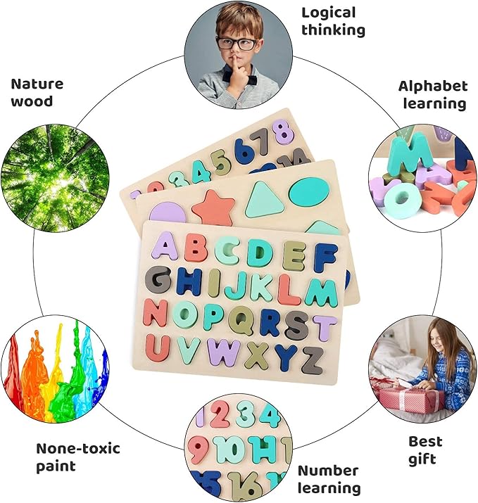 Wooden Puzzles for Toddlers, LENNYSTONE Alphabet Number Shape Puzzles Toddler Preschool Education Learning Toys for Kids Age 3 4 5 Year olds