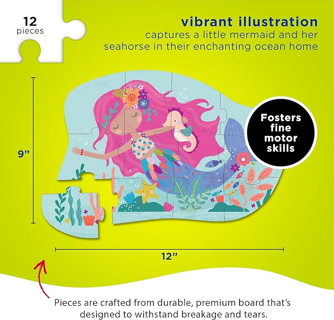 Crocodile Creek 12-Piece Mini Jigsaw Puzzle - Fun Floor Puzzles for Kids Ages 2-4 and Up - Heavy-Duty Shaped Box for Storage - Mermaid Dreams - 12" x 9" Finished