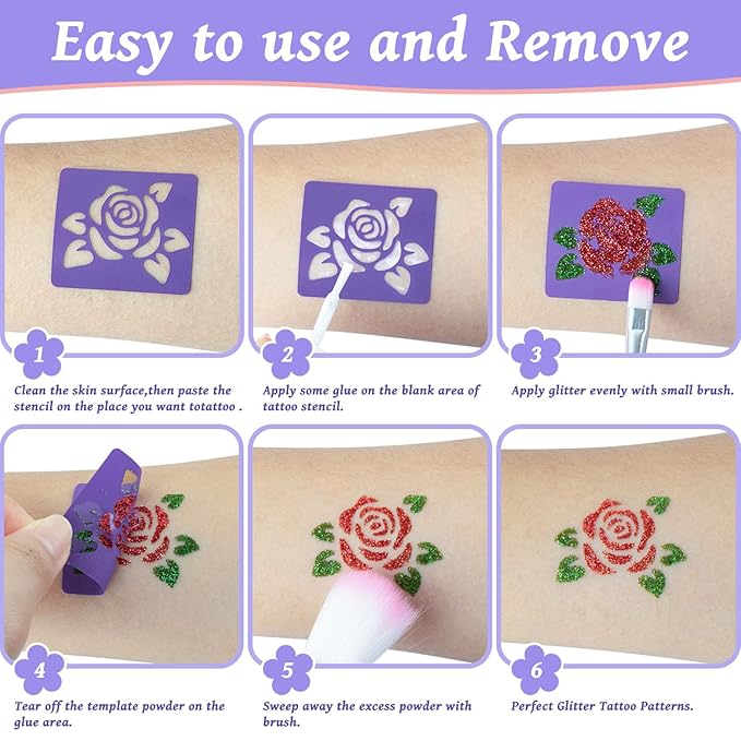 Temporary Glitter Tattoos Kids,50 Glitter Colors and 6 Fluorescent Colors,178 Stencils,2 diamond stickers,3 Glue,5 Brushes,Adults and Kids Arts Glitter Kit,Wonderful Holiday Gifts for Girls & Boys.
