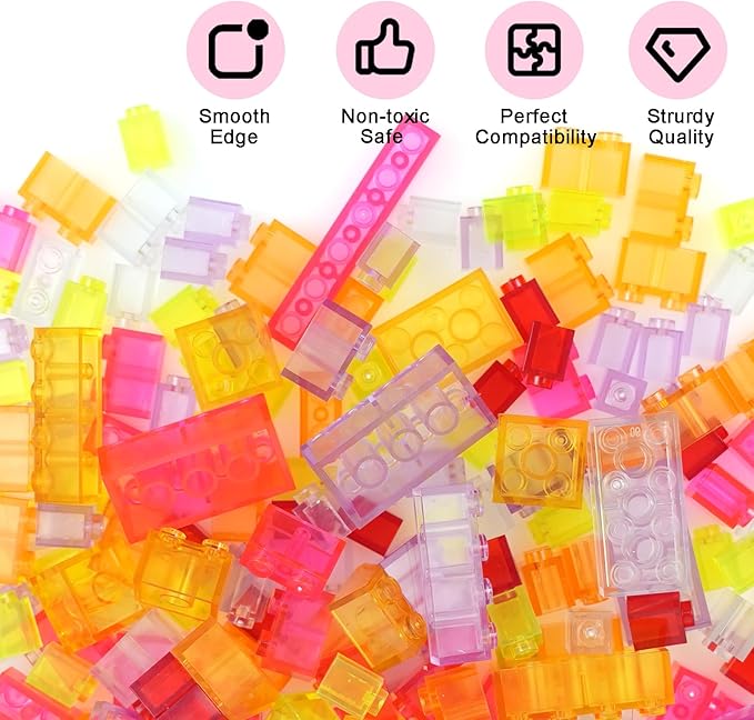 Classic Clear Transparent Bulk Bricks, 300 Pieces and Parts Creative Building Blocks, Compatible with All Major Brands-8 Shapes Building Bricks for Girls
