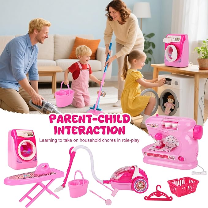 Coherny Sewing Kit for Kids Pretend Play Toys with Toy Washing Machine & Vacuum Kids Washer and Dryer Playset with Mini Sewing Machine for Dollhouse Furniture Toddles Boys Girls Cleaning Gifts