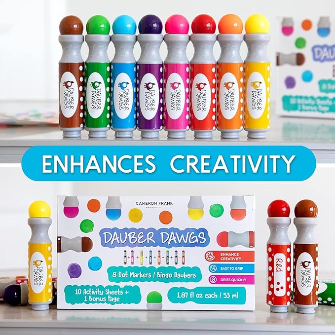 16 Washable Dauber Dawgs Dot Markers for Toddlers - Bingo Markers for Dot Art w/ PDF Activity Books, Dot Paints Washable for Kids, Bingo Dabbers Dotters & Dobbers, Holiday Gifts Daubers, Dot Painting