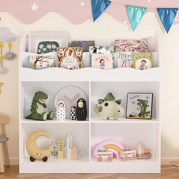 MHOM White Kids Bookshelf, Toy Storage Organizer with Book Rack and 4 Storage Cubbies, Wooden Kids Bookcase, Toy Organizers and Storage for Nursery, Playroom
