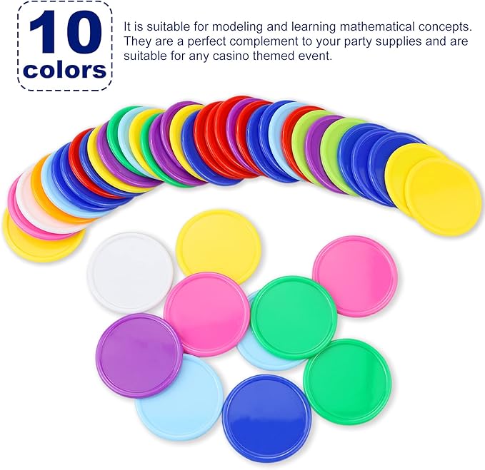 500 Pieces Plastic Poker Chips, Poker Card Game Chips Bulk, Counting Discs Markers for Learning Math Counting, Game Play, 37mm/10 Colors