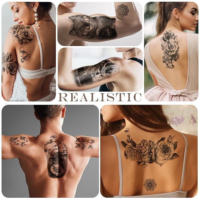 77 Sheets Temporary Tattoo, Half Arm Realistic Lion Wolf Owl Elk Snake Butterfly Rose Fake Tattoos for Girls Boys, Waterproof Temporary Tattoos for Women Men Adults Chest Shoulder Neck Hand