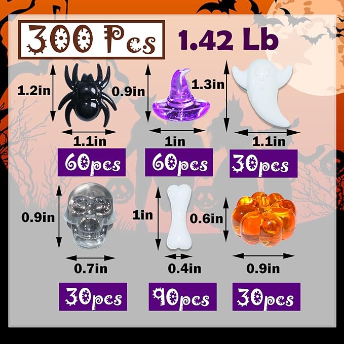Halloween Sensory Bin Filler,300 Pcs Mini Acrylic Pumpkin Ghost Skull Gems Vase Fillers for Halloween Centerpieces Table Decorations,Table Scatters,Preschool Counting and Craft