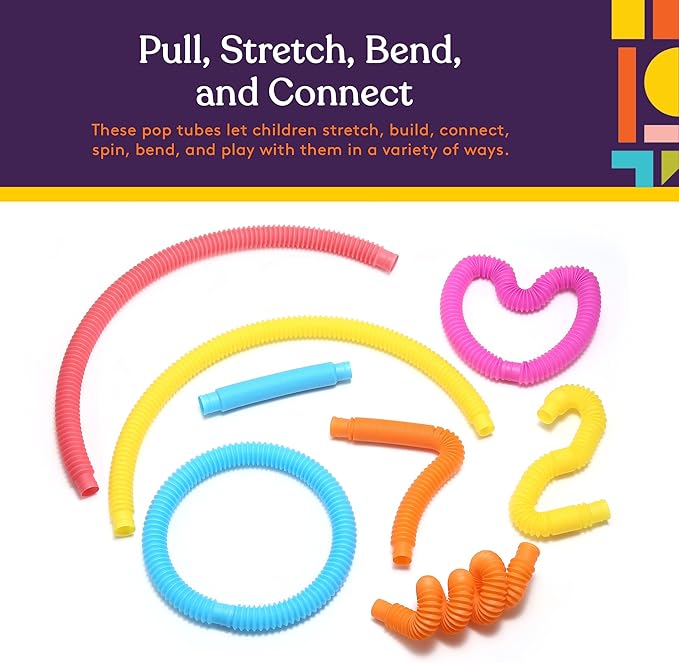 Special Supplies Fun Pull and Stretch Tubes for Kids - Pop, Bend, Build, and Connect Toy, Provide Tactile and Auditory Sensory Play, Colorful, Heavy-Duty Plastic (16-Pack Primary Colors)