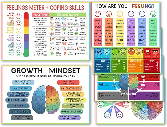 6 Zone of Self-Regulation Bulletin Board Set Feeling Chart for Kids - Calm Down Corner Toolkit with Feeling Wheel Poster, Emotions Chart & Growth Mindset Activities (8x12 Inch, Classroom Decor Essentials)