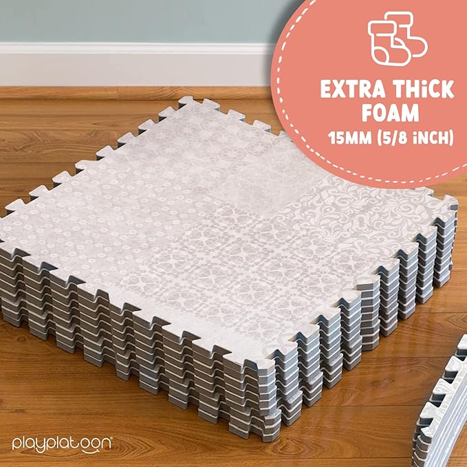 Play Platoon Non-Toxic Extra-Thick Children's Play Mat, 16 Tile - 96 x 96 inch Comfortable Cushiony Foam Floor Puzzle Mat for Kids & Toddlers with 24 x 24 inch 5/8 in Thick Tiles - Khaki, Boho Modern