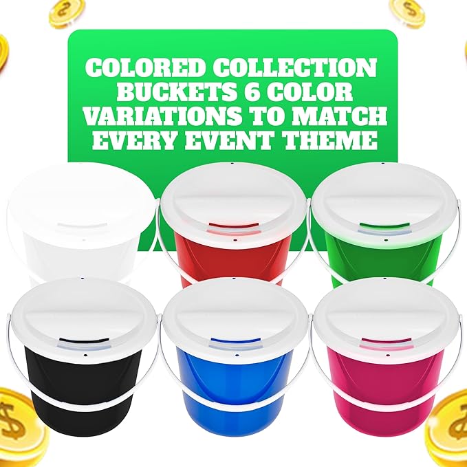 Plastic Coin Collection Bucket with Removable lid and Handle Charity Donation Collection Money Box Pail for Fundraising with top Slot for Tickets raffles and Money 7.5" Hx8.3 Diameter(Green) 4 Pack