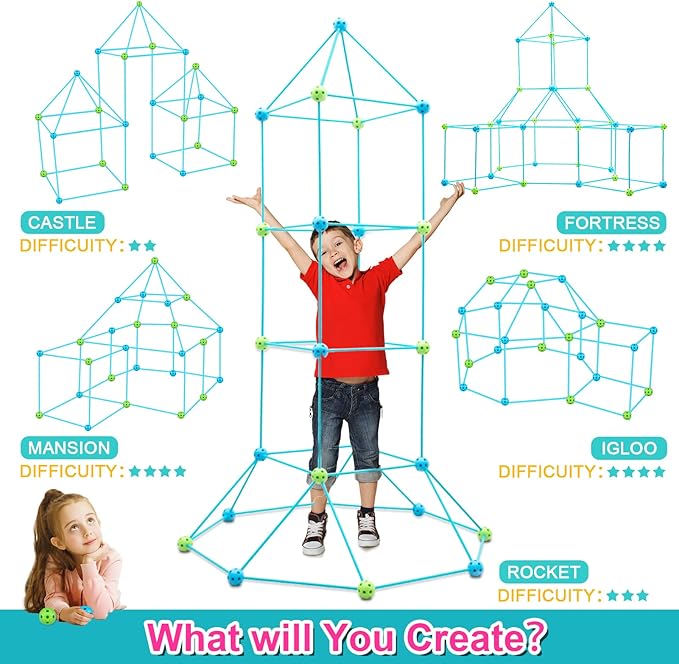 Kids Fort Building Kit 120 Pieces Construction STEM Toys for 3 4 5 6 7 8 9 10 11 12 Years Old Boys and Girls Ultimate Forts Builder Gift Build DIY Educational Learning Toy for Indoor & Outdoor