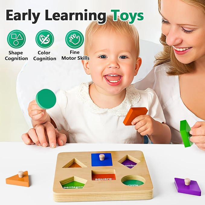 Wooden Shape Peg Puzzles for Toddlers 1 2 Year Old Boys Girls Gifts: Montessori Toys for 1 2 Year Old Toddler Learning Activities - Shape Sorter & Color Match Baby Puzzles 12-18-24 Months